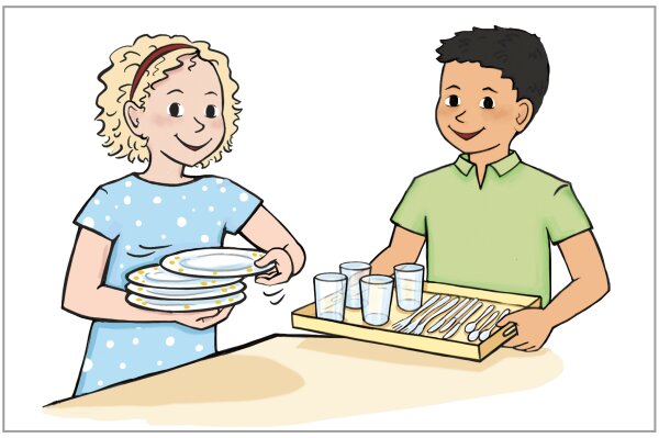 Zeichnung eines Mädchens und eines Jungen, die zusammen einen Tisch decken.