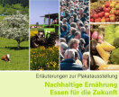 Fotocollage mit Kühen, Traktor, Menschen, frischem Obst und rohem Gemüse.