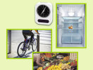Fotocollage zum Thema Klimaschutz: Energiesparender A++ Kühlschrank, Solarwecker, Fahrrad und Gemüsetheke auf einem regionalen Markt.