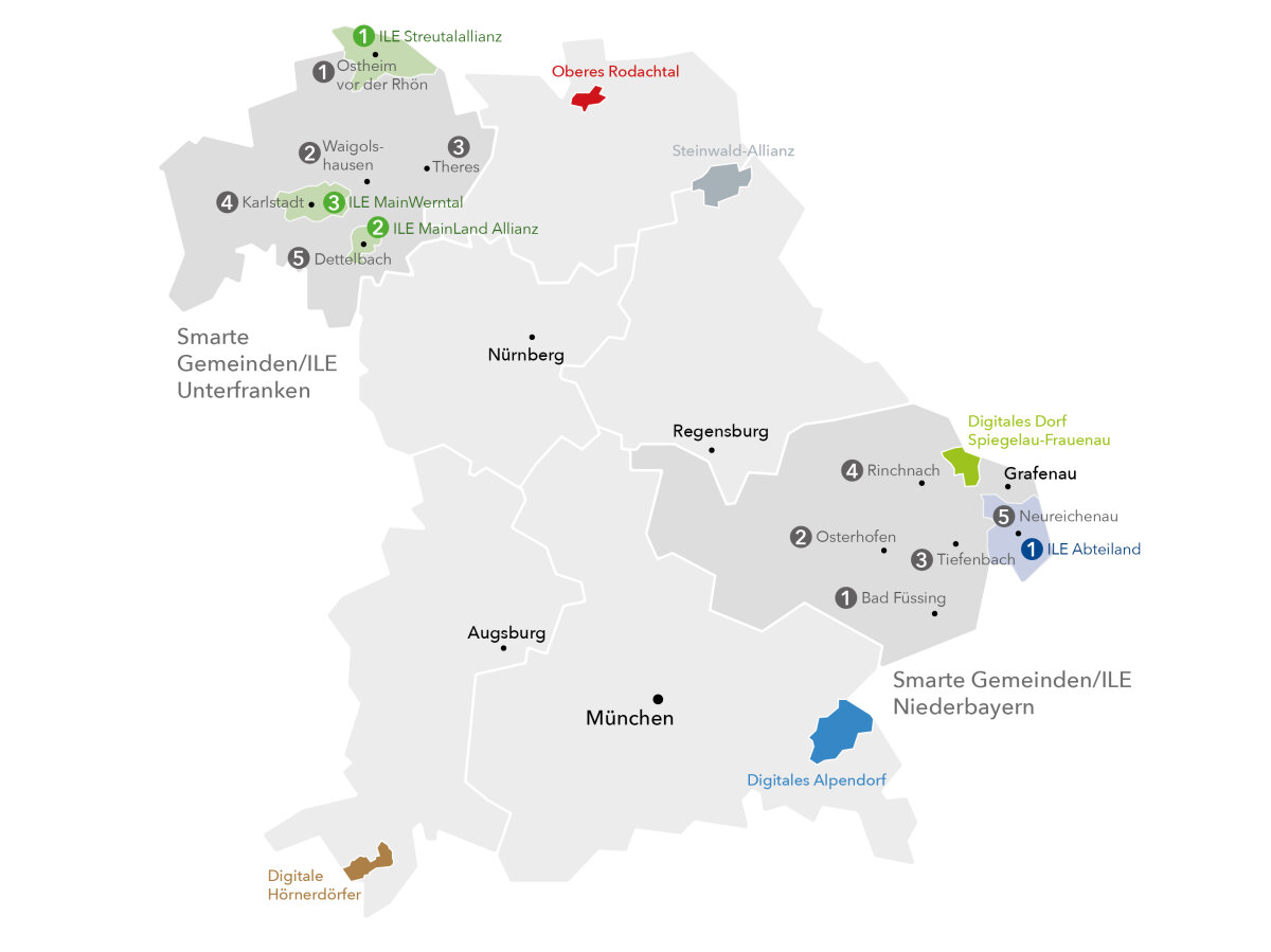 Bayernkarte mit Kennzeichnung der jeweiligen Pilotprojektregionen