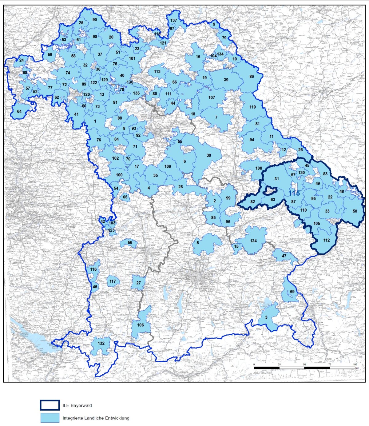 Landkarte von Bayern, in der alle ILE-Gebiete blau gekennzeichnet sind.