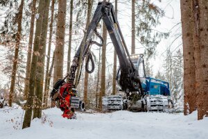Mechanisierte Holzernte im Winter mit einem Harvester