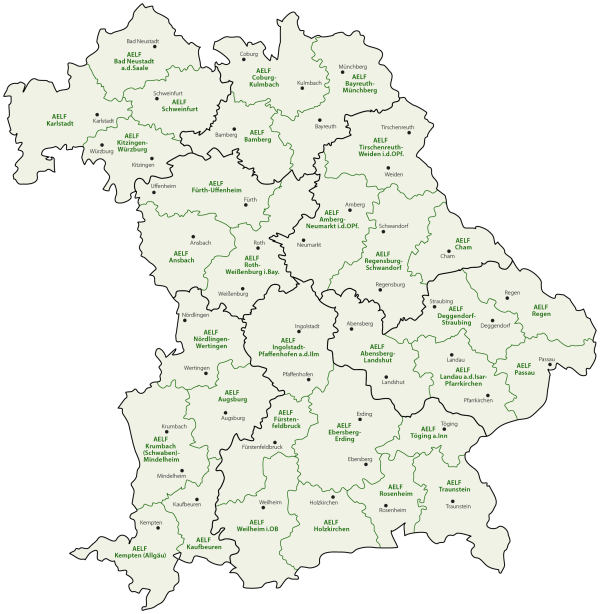 Bayernkarte mit den Umrissen der Dienstgebiete der Ämter