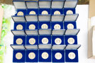 20 Medaillen in geöffneten Schachteln die mit blauem Filz ausgelegt sind.