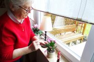 Eine ältere Dame pflegt ihre Blumen auf dem Fensterbrett
