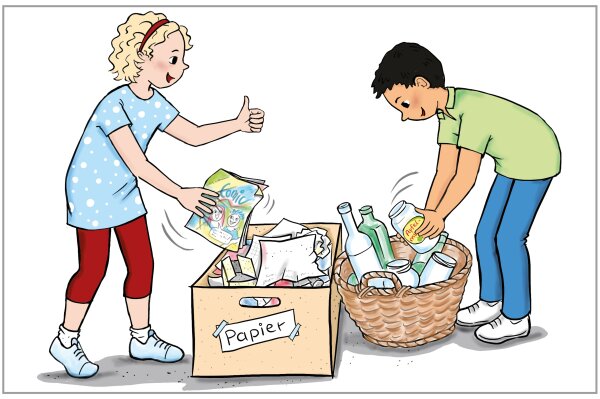 Zeichnung eines Mädchens und eines Jungen beim Sortieren von Papiermüll