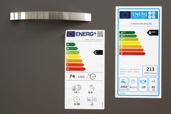 Zwei Energielabel im Vergleich auf einer Spülmaschinentür
