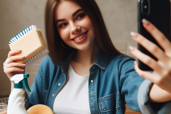 Frau mit Handy und Reinigungsbürste in Selfiehaltung.