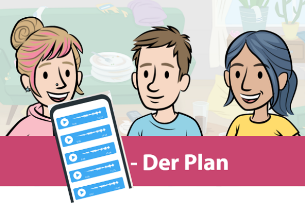 Zwei gezeichnete jugendliche Mädchen und ein jugendlicher Junge im Gespräch miteinander. Davor ein Smartphone mit Sprachdateien.