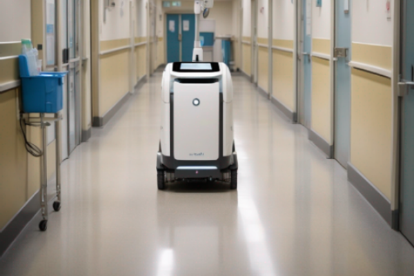 Ein KI-generierter Roboter fährt durch den Flur eines Klinikums