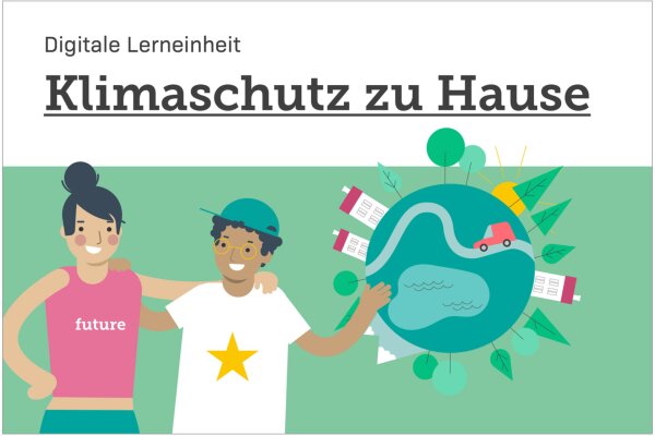 Grafische Darstellung: 2 Personen neben Kreis, an dessen Rand Häuser und Bäume sind 