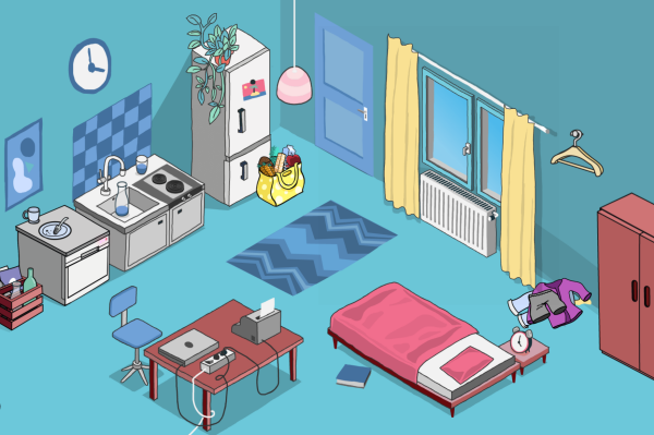 Ein gezeichnetes Appartement mit Küche, Bett, Kleiderschrank, Tür zum Badezimmer