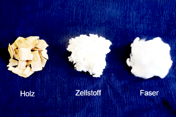 Abbildungen von Holz, Zellstoff und Fasern zeigen den Weg der Viskose.