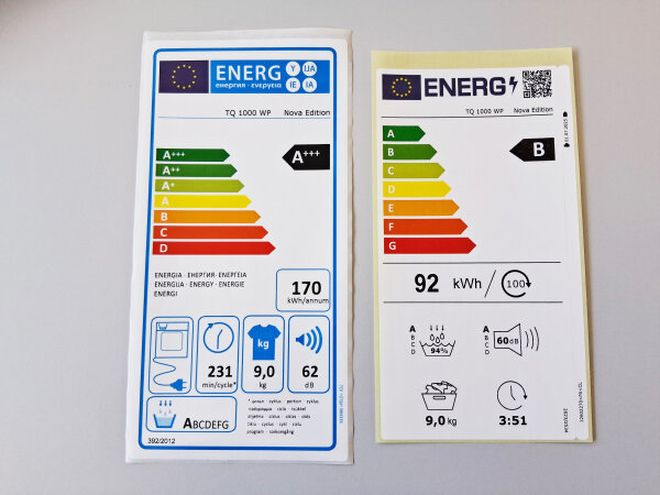 Das alte und das neue Energielabel für Wäschetrockner (2025) nebeneinander