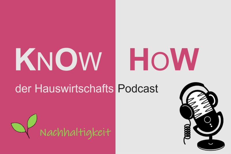 Schriftzug Know-How mit einer Pflanze, einem Kopfhörer und Mikrrofon