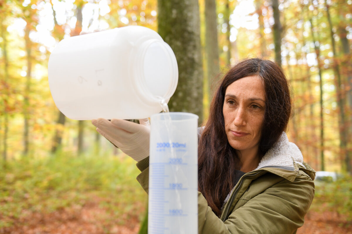 Das Bild zeigt eine Frau bei einer Wasserprobennahme vor einer Waldkulisse.