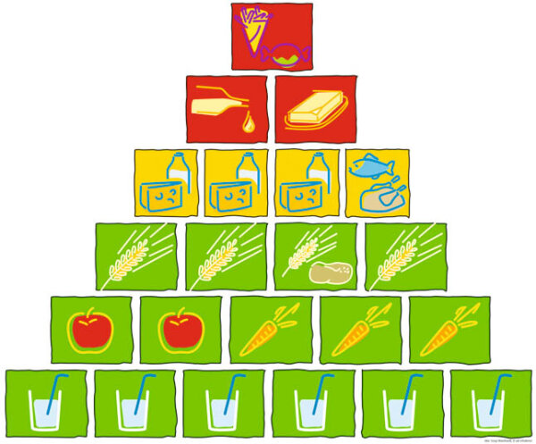 Die Ernährungspyramide des aid: reichlich Wasser, Tee, verdünnte Säfte, Gemüse, Obst, Salat, Brot, Getreide und Beilagen; mäßig Milch, Milchprodukte, Fisch, Fleisch, Wurst, Eier; sparsam mit Fetten, Ölen und Extras wie Knabbereien, Süßes, fetten Snacks und Alkohol.