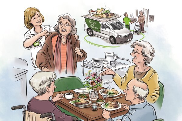 Zeichnung: Drei Senioren sitzen an einem Tisch vor Tellern mit Essen