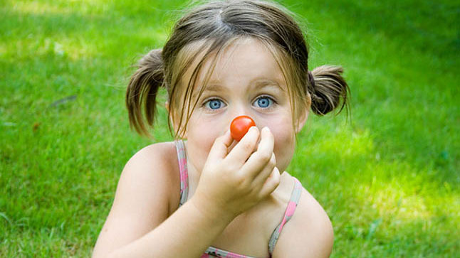 Mädchen mit Zöpfen macht es einem Clown nach und hält sich eine kleine Tomate an die Nase.