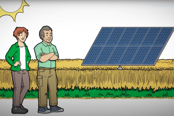 Zeichnung: Zwei Männer stehen vor einem Feld mit Getreide und einer Photovoltaikanlage. 
