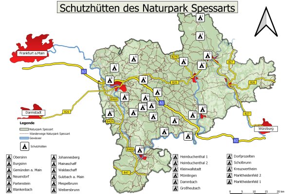 Landkarte mit eingezeichneten Schutzhütten des Naturparks Spessart