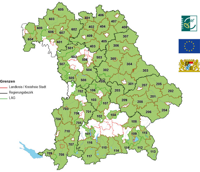 Landkartenausschnitt mit Nummern zu lokalen Aktionsgruppen in Bayern 