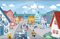 Ein gemaltes Bild zeigt eine ideale Dorfszene mit intakten Gebäuden, Geschäften und einer belebten Straße. Am Dorfrand gibt es noch keine Neubausiedlungen, im Altort keine Leerstände.