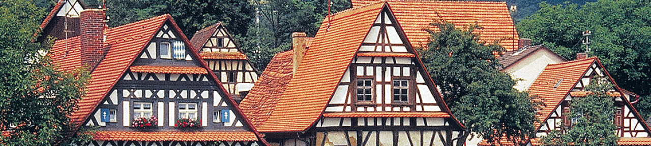 Dachlandschaft eines fränkischen Dorfes mit  vier markanten Fachwerksgiebeln
