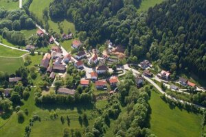 Eine kleine idyllische Ortschaft aus der Vogelperspektive