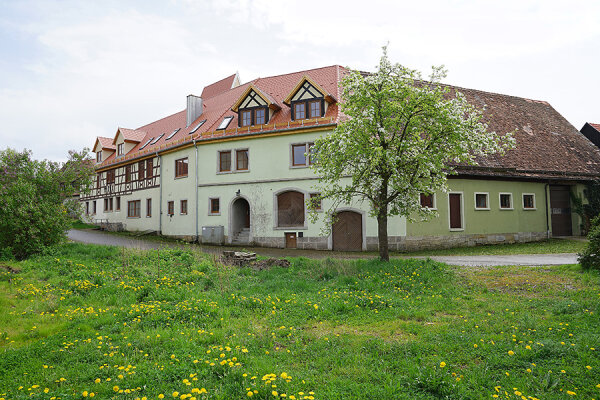 Eine blühende Wiese im Vordergrund und ein sanierungsbedürftiges Haus im Hintergrund.