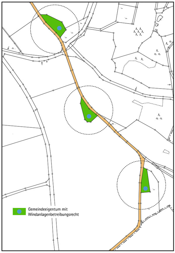 Flurkarte mit den drei Windkraftradstandorten. Hervorgehoben sind die Eigentumsflächen der Standorte, der Erschließungsweg und der Radius der Rotorblätter.