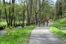 Drei Radler fahren auf einem Weg, der entlang eines Baches mit stattlichen Uferbäumen führt
