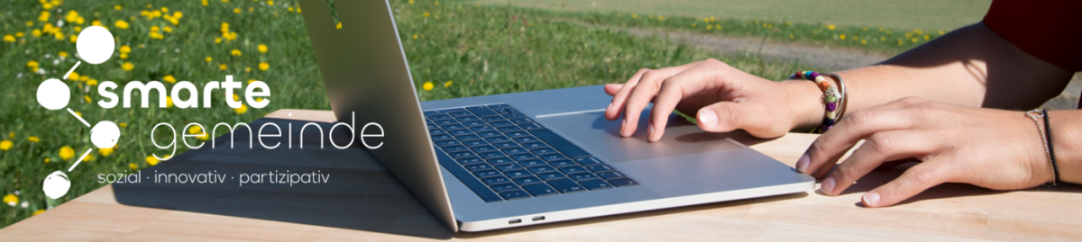 In der Natur arbeitet eine Person am Laptop.