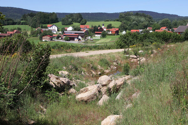 Naturnahe Solbefestigung eines Wegseitengrabens mit großen Steinen. Im Hintergrund Dorf und Landschaft.