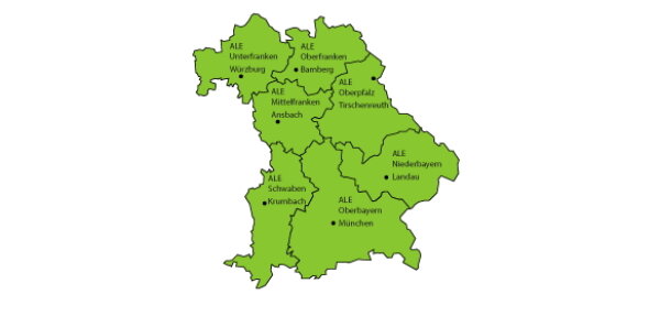 Bayernkarte mit den Ämtern für Ländliche Entwicklung