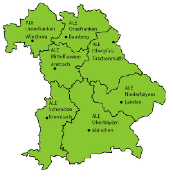 Karte von Bayern mit den Ämtern für Ländliche Entwicklung