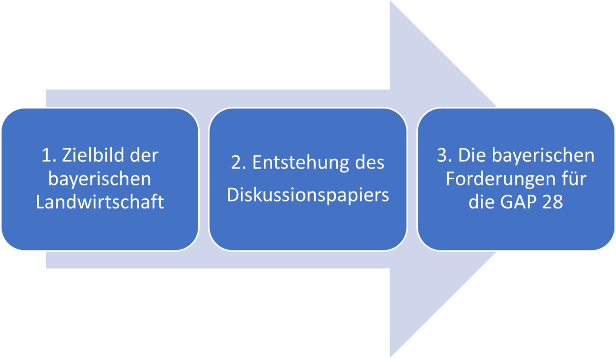 Grafik mit Pfeil und Textfeldern: 1. Zielbild der bayerischen Landwirtschaft; 2. Entstehung des Diskussionspapiers; 3. Die bayerischen Forderungen für die GAP 28