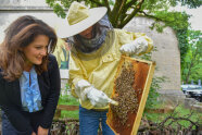 Ministerin und Imkerin betrachten Bienenwabe