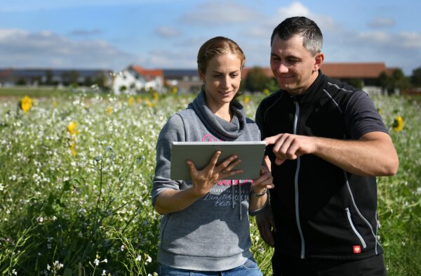 Landwirtschaftliches Unternehmerpaar mit Laptop auf dem Feld