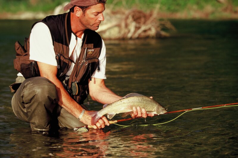 Angler mit gefangener Äsche