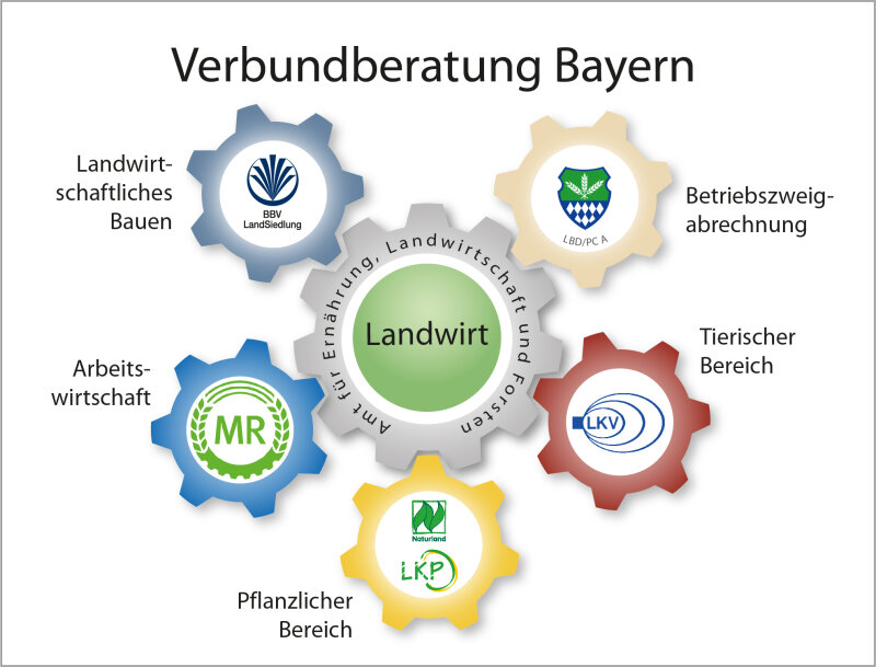 	 Grafik zur Verbundberatung: Zahnräder mit dem Namen Landwirtschaftliches Bauen, Betriebszweigabrechnung, Tierischer Bereich, Pflanzlicher Bereich, Arbeitswirtschaft, greifen in einander