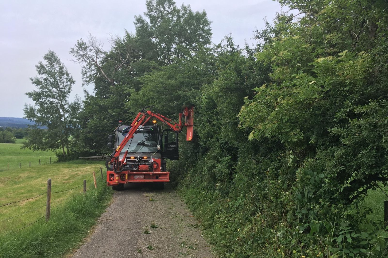 Landwirtschaftliche Maschine schneidet Hecke an einem Wegrand