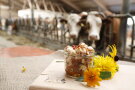 Ein Glas gefüllt mit gewürfeltem Käse. Daneben liegen drei Blüten und im Hintergrund sind Kühe.