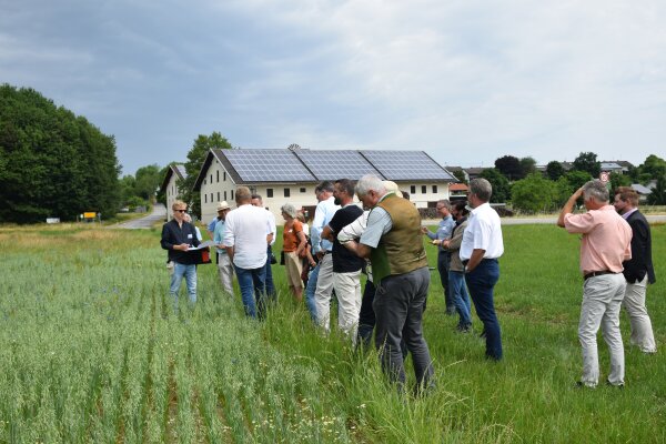 Besuchergruppe steht vor einem Haferfeld