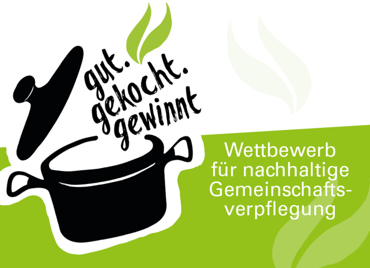 Logo mit Grafik eines Kochtops und Schriftzug gut.gekocht.gewinnt. Wettbewerb für nachhaltige Gemeinschaftsverpflegung