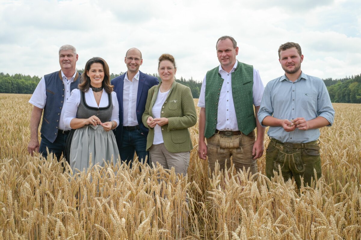 Landwirtschaftsministerin Michaela Kaniber und (v.l.n.r.): Hermann Greif (BBV-Getreidepräsident), Ely Eibisch (BBV-Vizepräsident), Christine Singer (BBV-Landesbäuerin) sowie die Betriebsleiter Josef Göttler und Kilian Kellerer.
