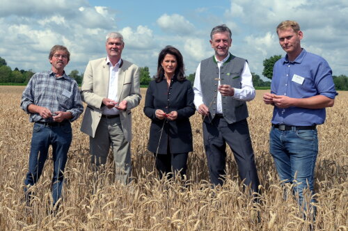 Landwirtschaftsministerin Michaela Kaniber und (v. l.): Landwirt Karl Göls, BBV-Getreidepräsident Hermann Greif, BBV-Präsident Günther Felßner und Landwirt Stefan Grandl.