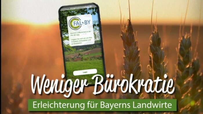 Getreidefeld im Sonnenaufgang. Dazu der Schriftzug: Weniger Bürokratie. Erleichterung für Bayerns Landwirte
