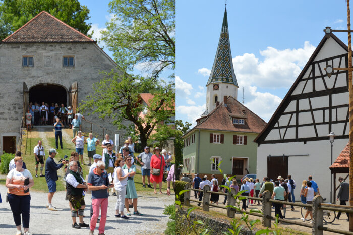 Collage von zwei Bildern. Menschen sind auf auf Straßen und Wegen zu sehen und Häuser.