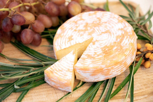 Käse mit Weintrauben dekoriert
